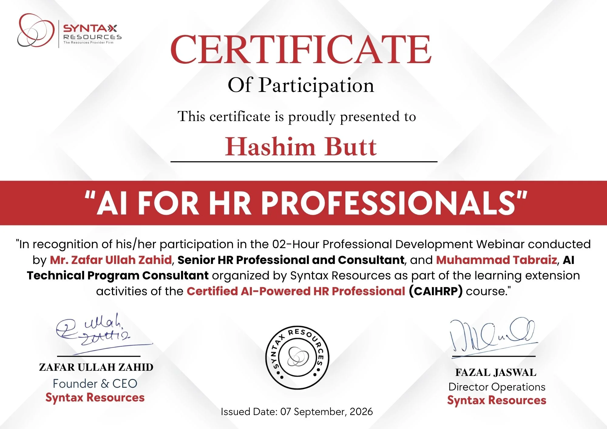 Hashim Ali Butt – Syntax Resources certificate of participation: AI for HR Professionals