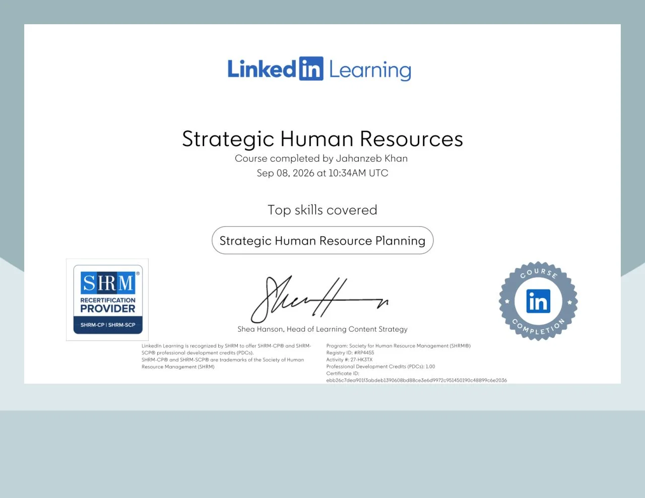 Jahanzeb Khan – LinkedIn Learning certificate: Strategic Human Resources