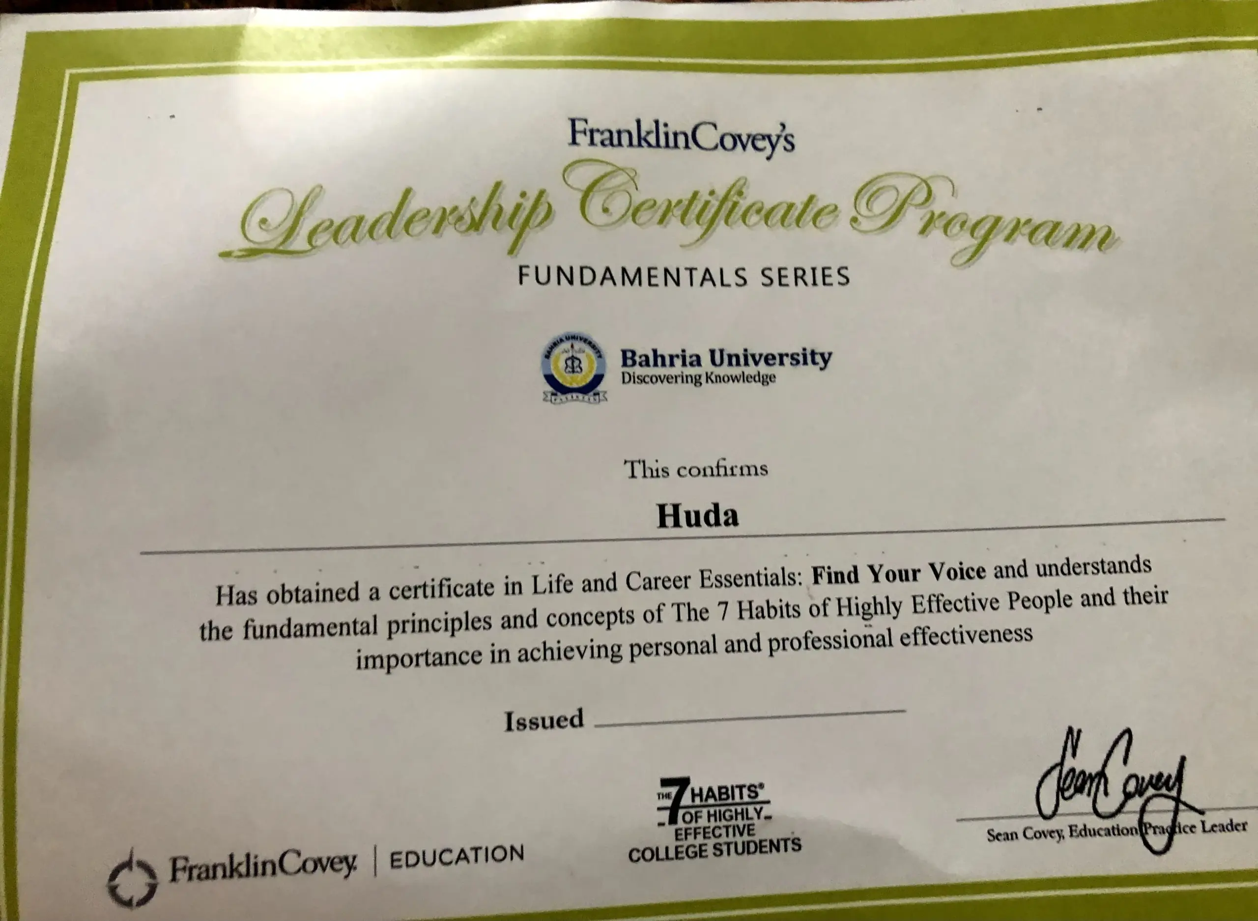 Huda Iqbal – Franklin Covey Leadership Certificate Program (Fundamentals Series), Bahria University