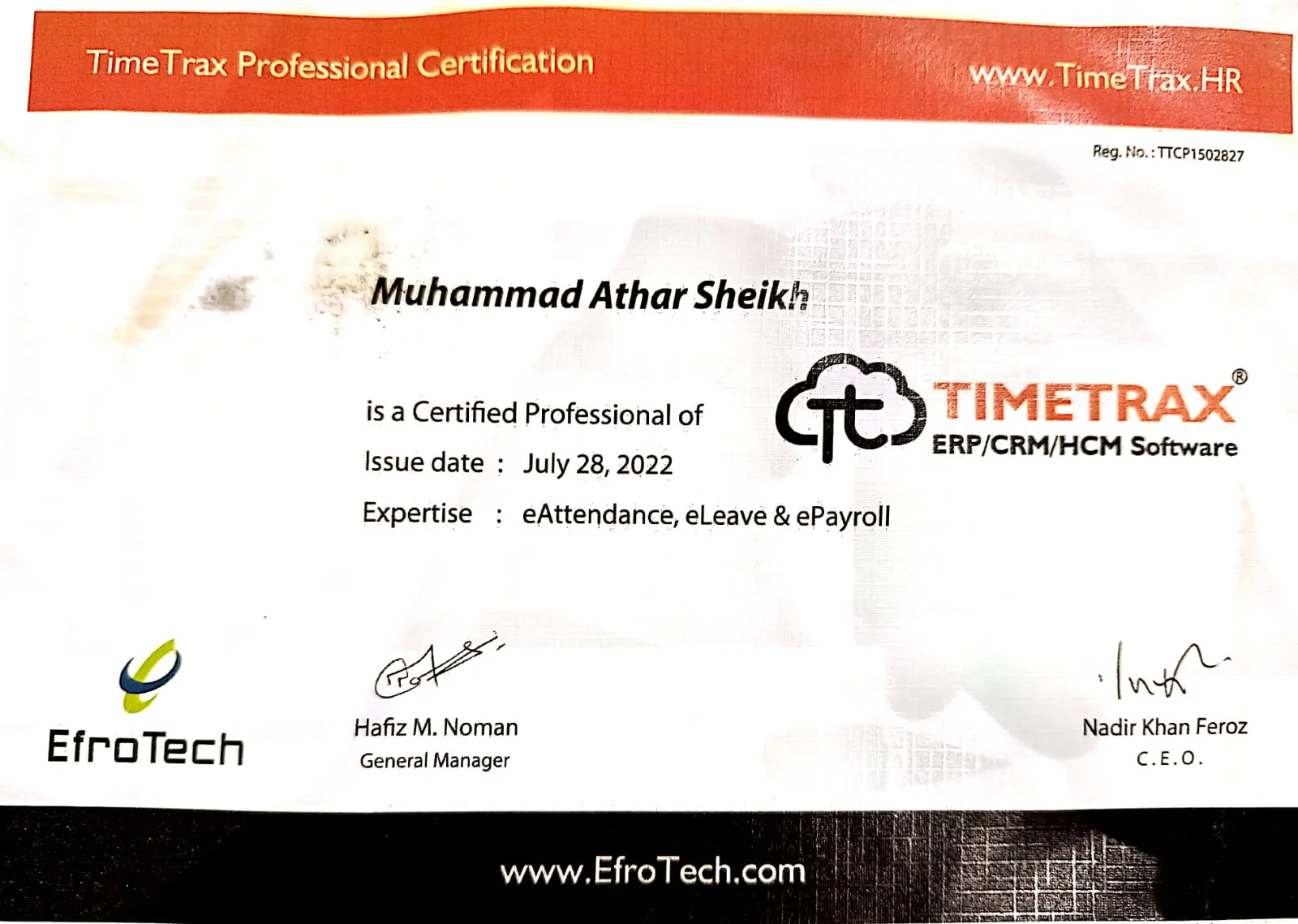 Muhammad Athaar Sheikh – TimeTrax Professional Certification by EfroTech (eAttendance, eLeave and ePayroll)