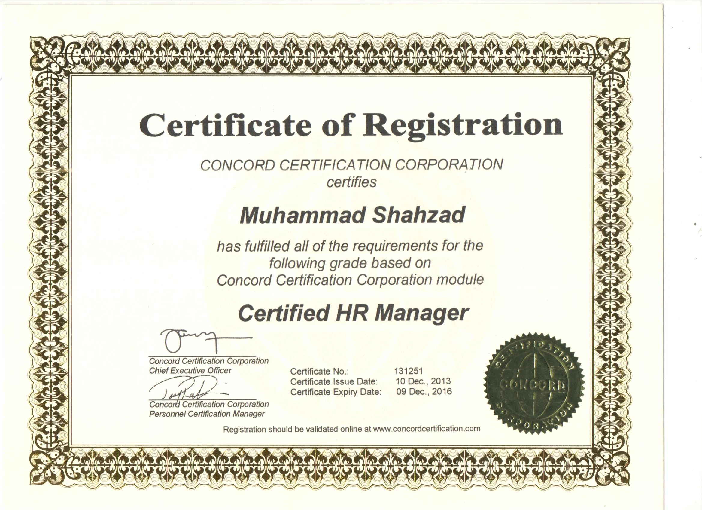 Concord Certification Corporation Certificate of Registration for Muhammad Shahzad as a Certified HR Manager