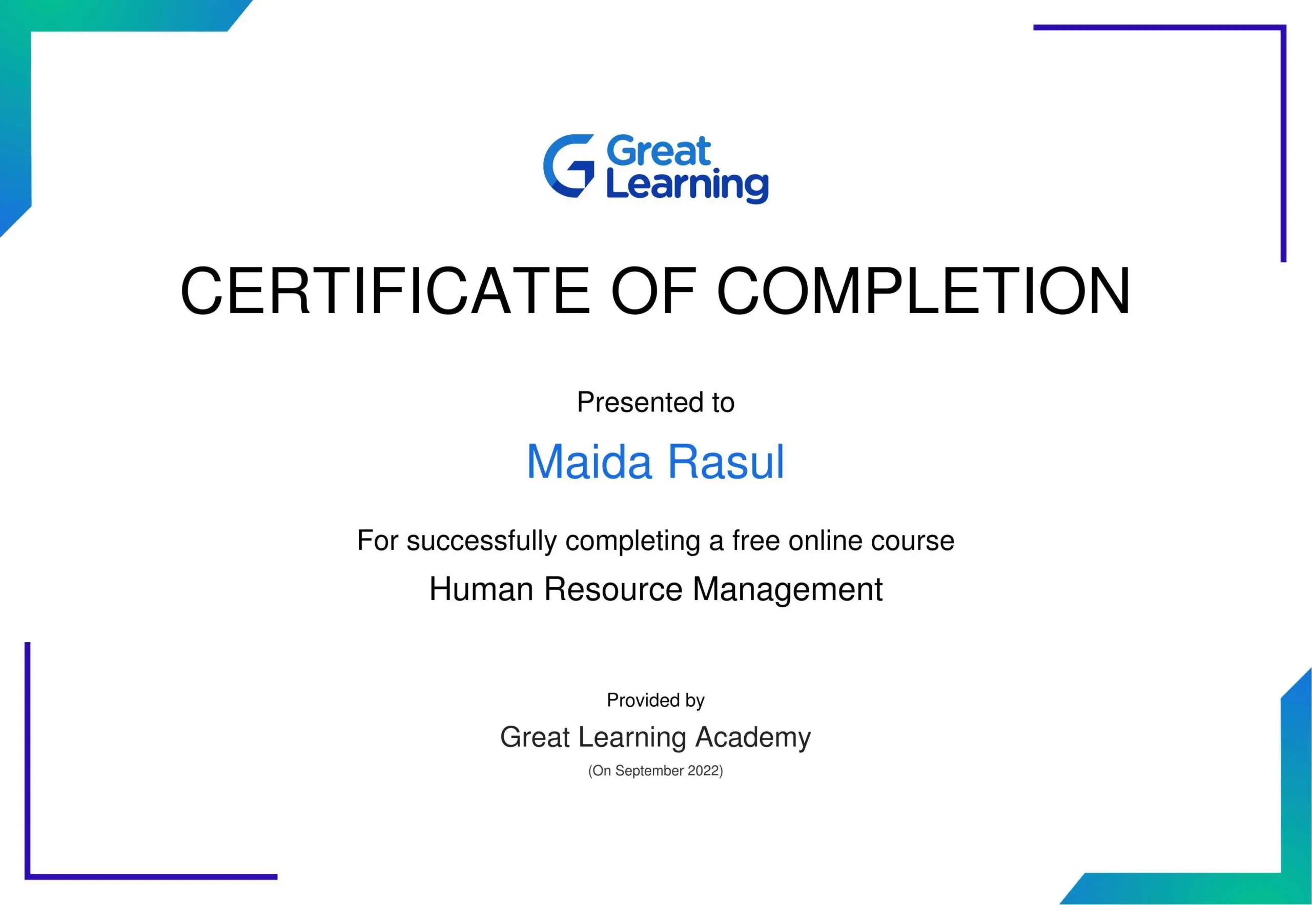 Maida Rasul – Great Learning certificate of completion: Human Resource Management