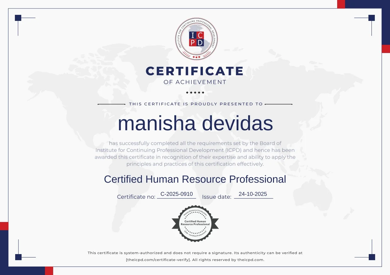 Certified Human Resource Professional (CHRP) certificate of achievement awarded to Manisha Devidas