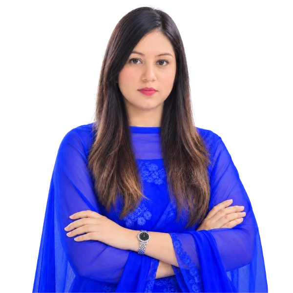 Manisha Devidas, CHRP, Human Resources Manager, in a blue outfit with arms crossed