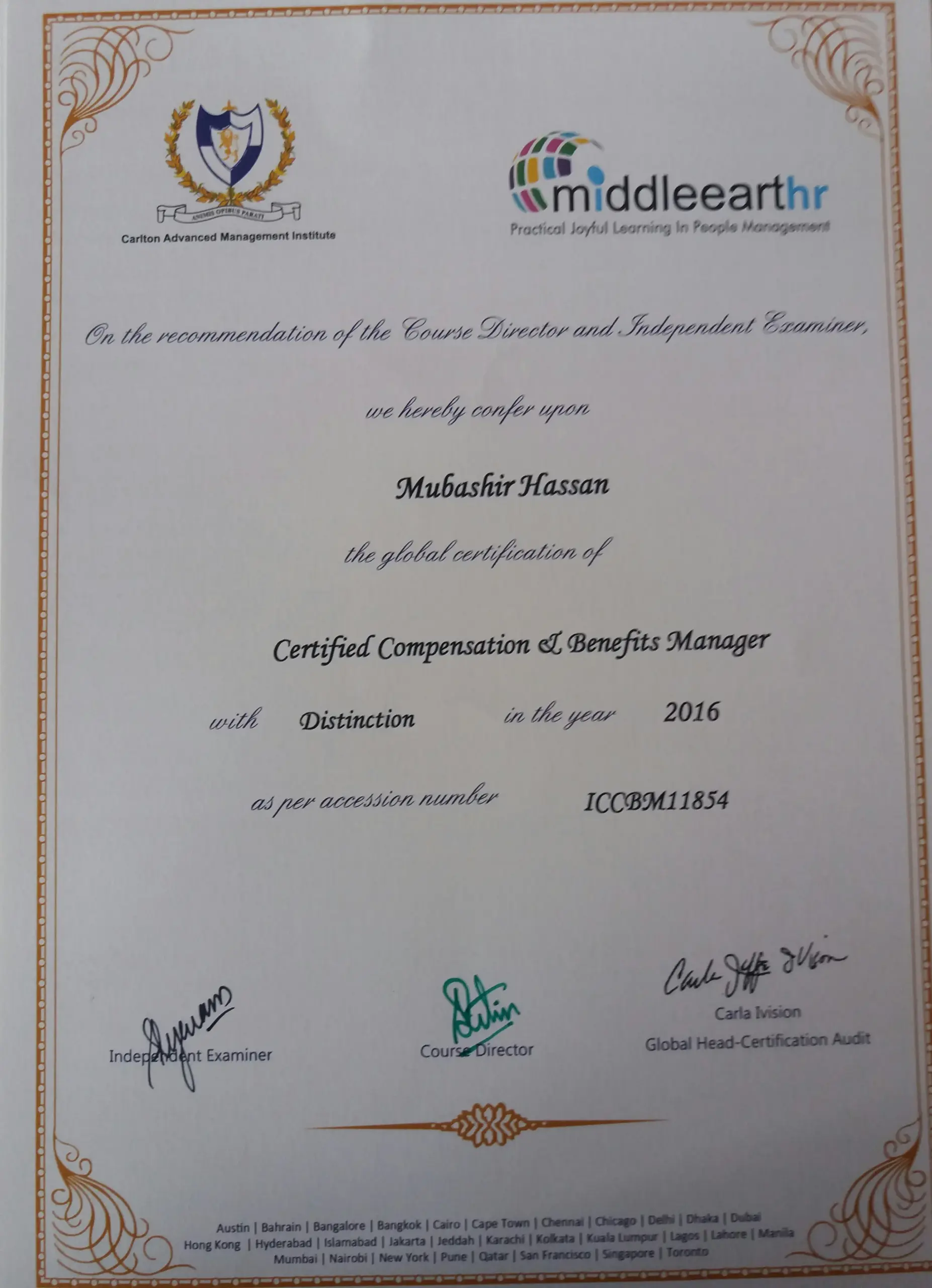 Certified Compensation & Benefits Manager certificate awarded to Mubashir Hassan by middleearthhr, with distinction