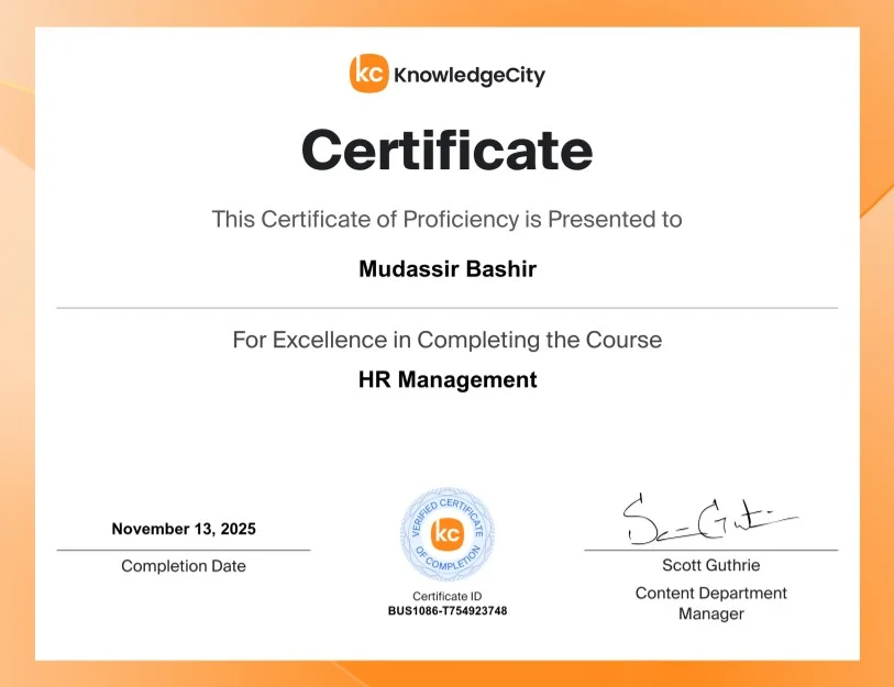 Mudassir Bashir – KnowledgeCity certificate of proficiency: HR Management