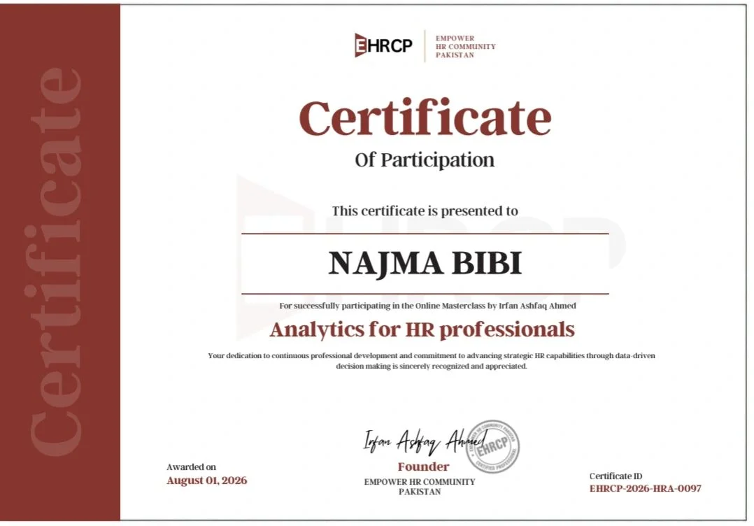 Certificate of Participation awarded to Najma Bibi for Analytics for HR Professionals
