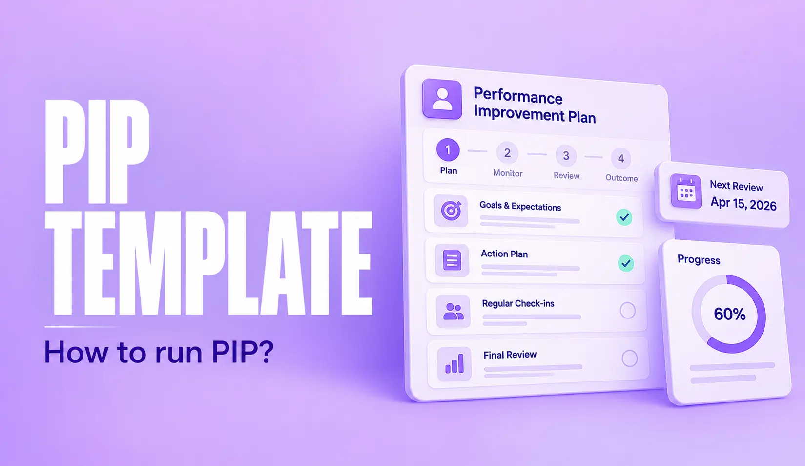 PIP template dashboard showing performance goals, action plans, and progress tracking.