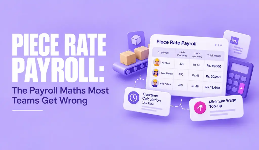 Piece rate payroll guide showing wage calculations, overtime rates, and minimum wage top-ups in a payroll dashboard.
