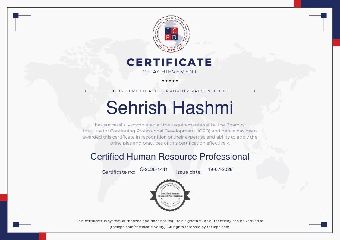Sehrish Hashmi – Certificate of Achievement: Certified Human Resource Professional