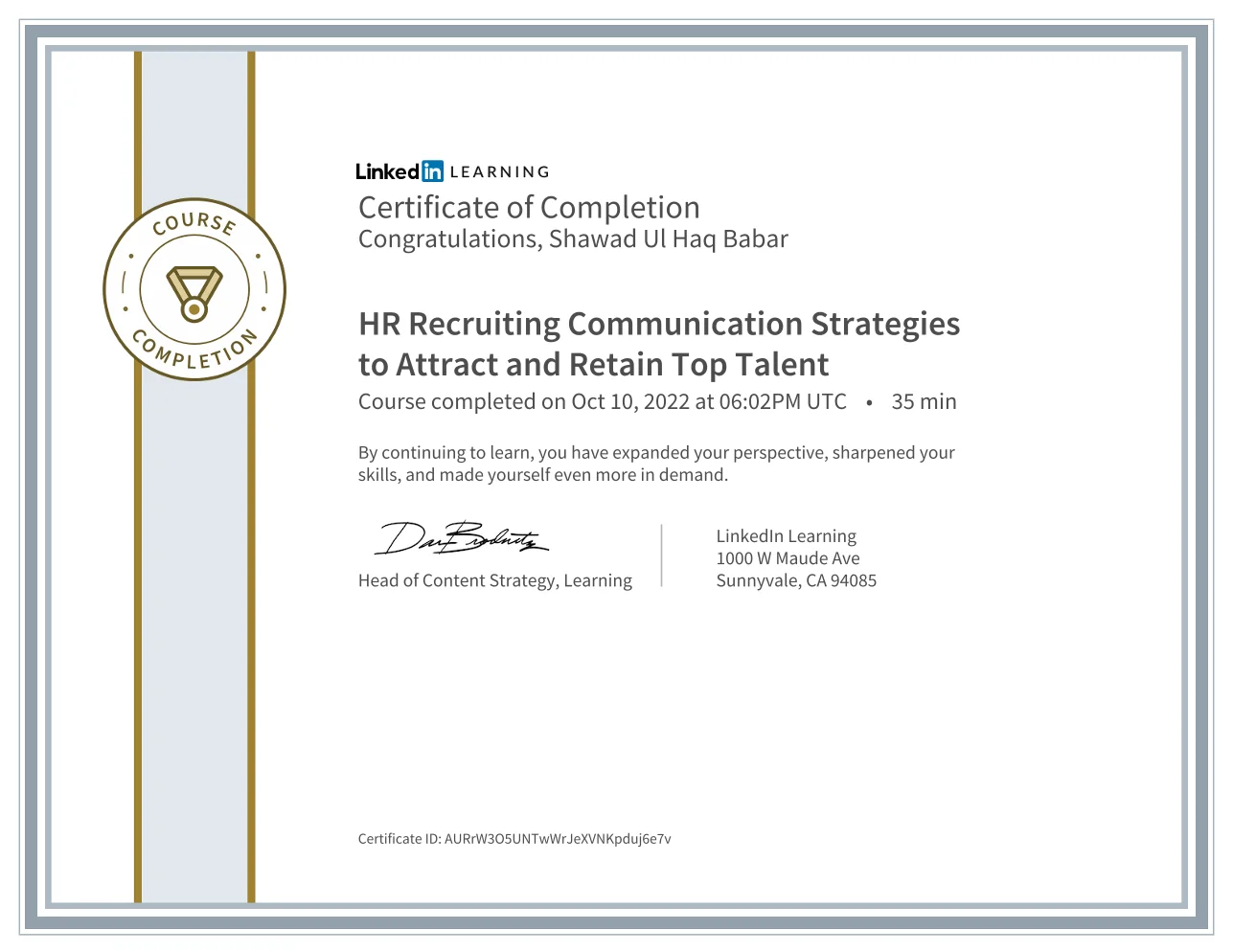 Shawad Ul Haq Babar – LinkedIn Learning certificate: HR Recruiting Communication Strategies to Attract and Retain Top Talent