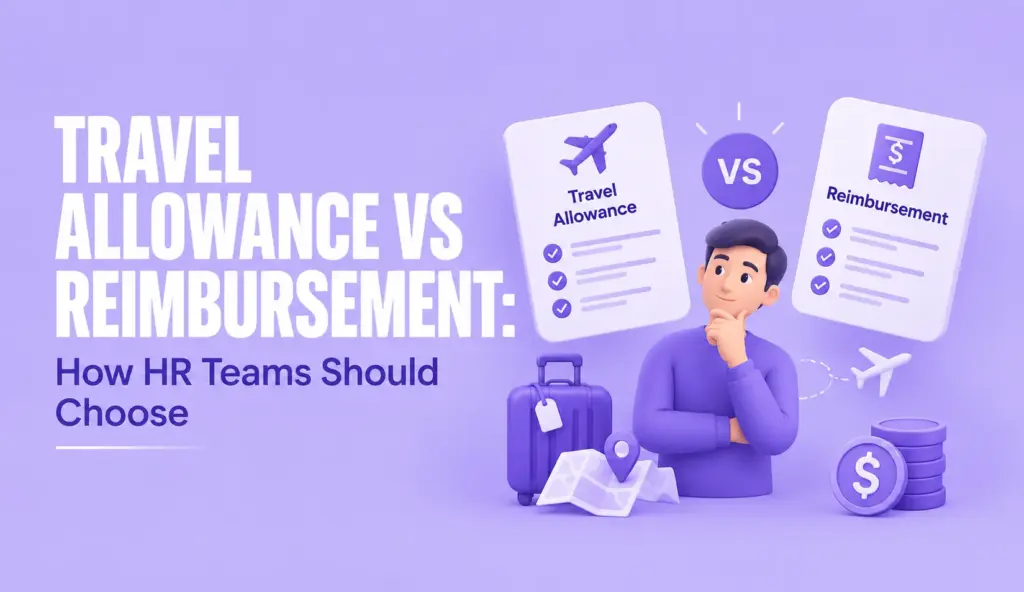 Travel allowance vs reimbursement comparison for HR teams, illustrated with travel documents, an airplane, and expense icons.