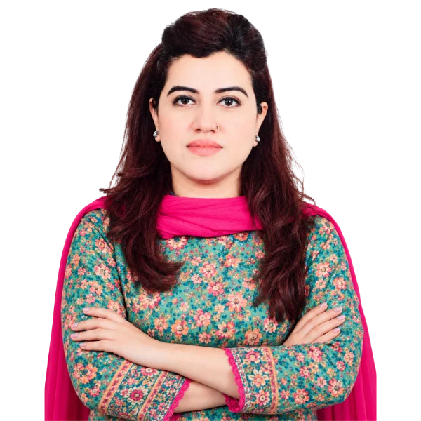 Ume Ammara, Head of Department HR, in a floral kurta with a pink dupatta, arms crossed