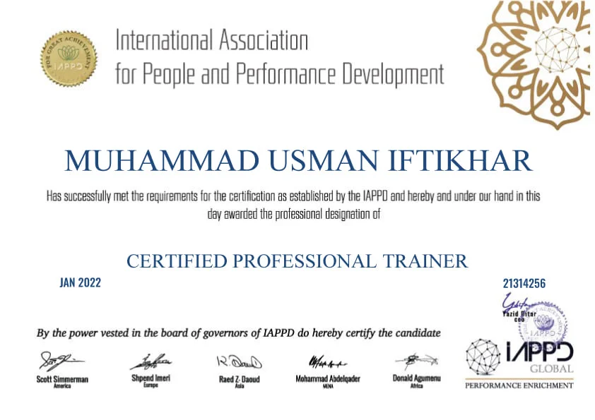 M. Usman Iftikhar – IAPPD Certified Professional Trainer certificate, January 2022