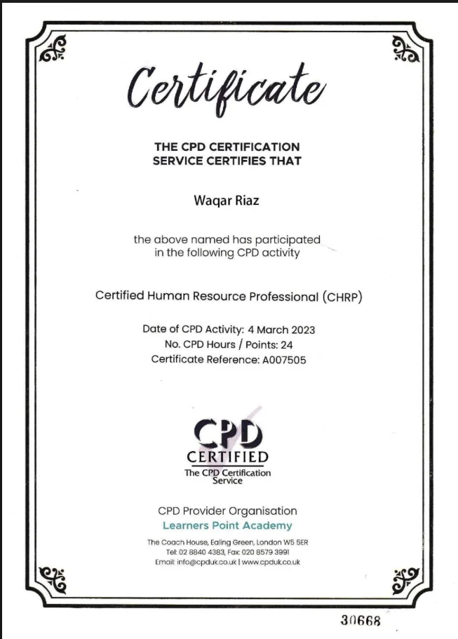 CPD Certified certificate for Waqar Riaz, Certified Human Resource Professional (CHRP)