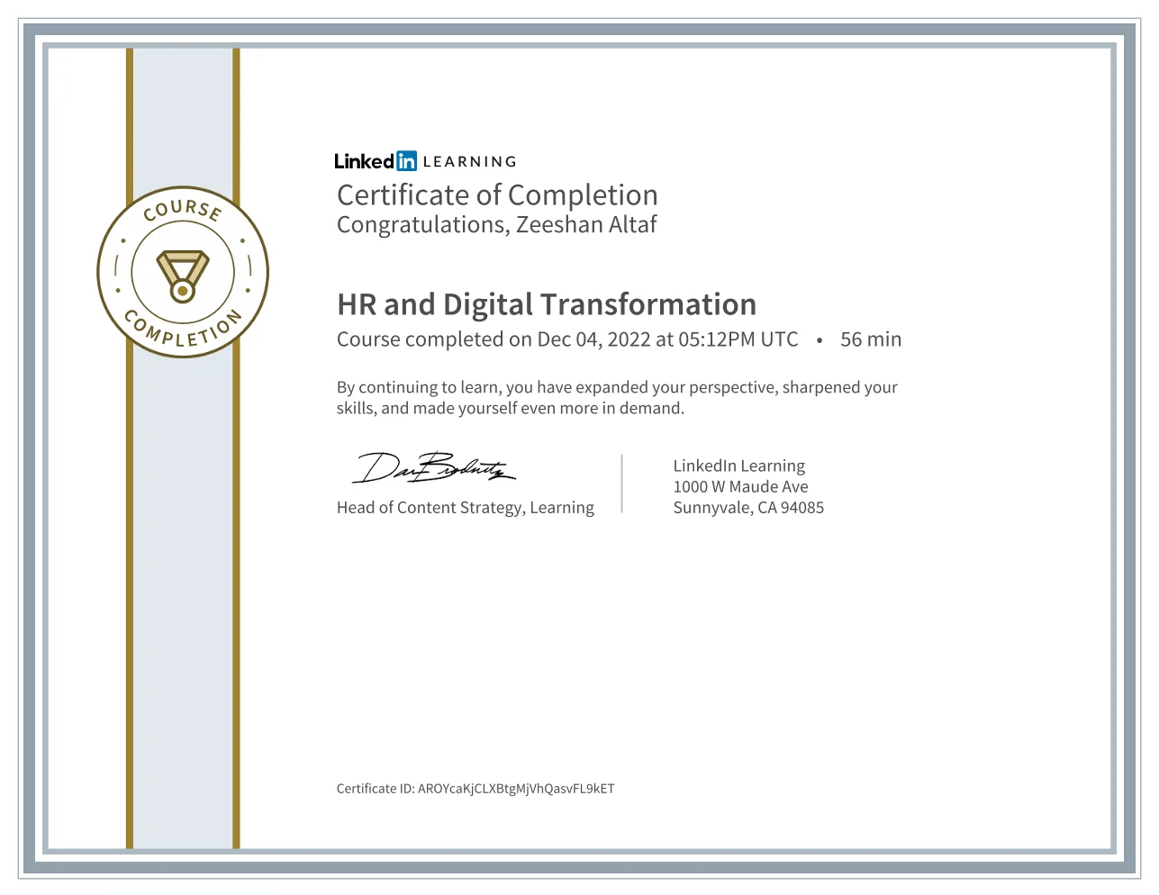 Zeeshan Altaf – LinkedIn Learning certificate: HR and Digital Transformation