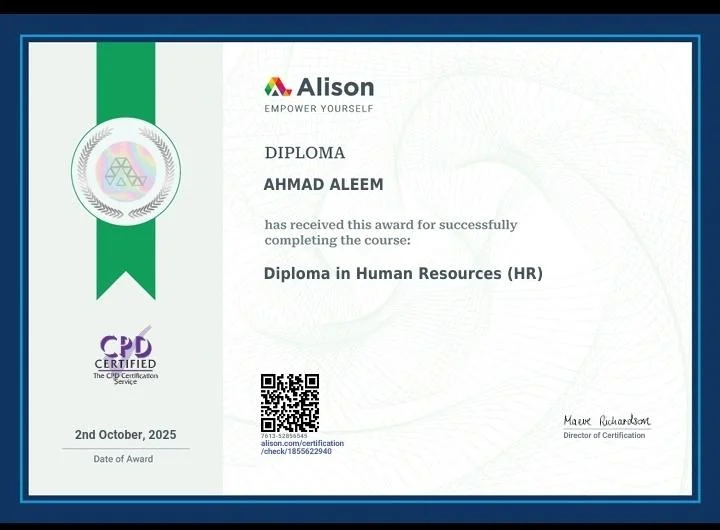 Aleem Ahmad – Alison Diploma in Human Resources (HR)