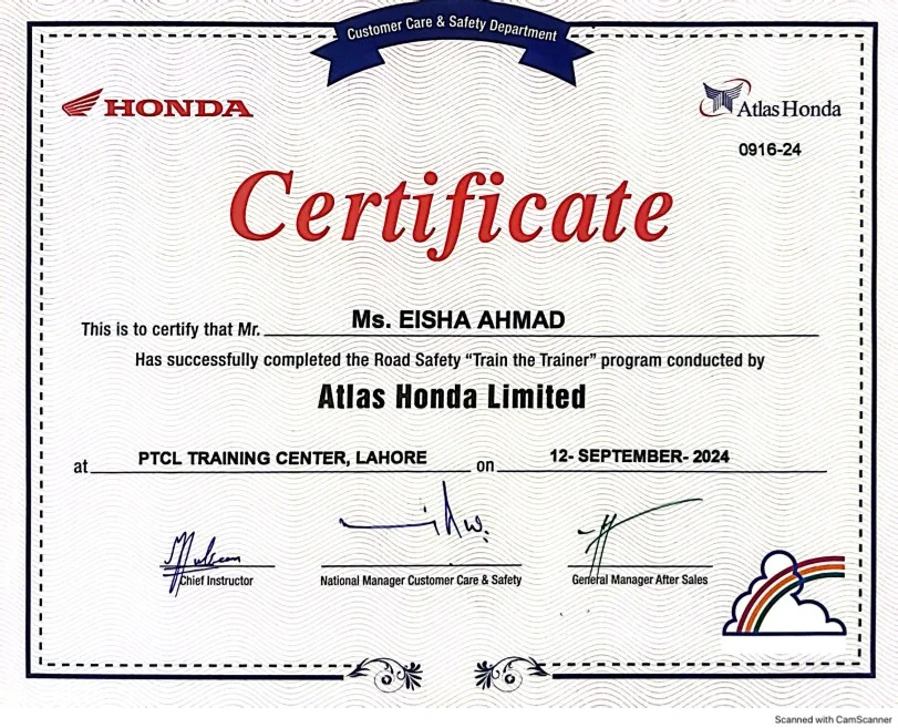 Certificate issued to "Ms. Eisha Ahmad" – Atlas Honda Road Safety 'Train the Trainer' certificate (Honda), September 2024
