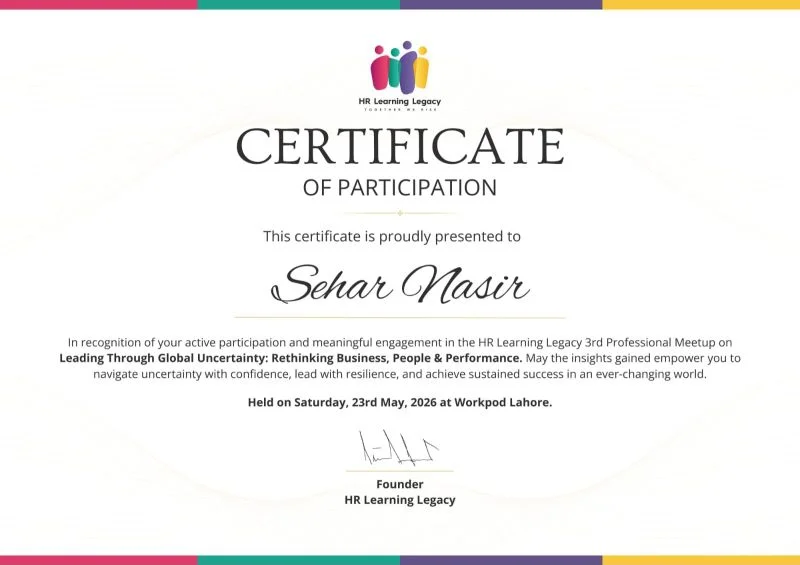 Sehar Nasir – HR Learning Legacy certificate of participation, May 2026